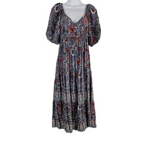 Knox Rose Dress Womens Small Purple Boho Floral Puff Sleeve Maxi Tiered Rayon